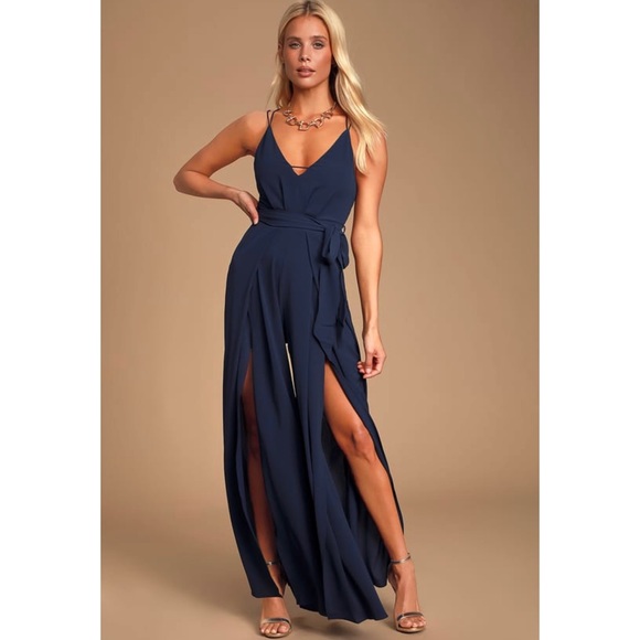 Lulu’s Navy Blue Backless Wide Leg Jumpsuit - Picture 1 of 4